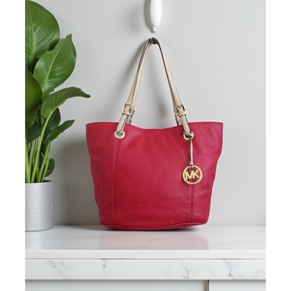 MICHAEL KORS Tote Bag JET SET ITEM Red/Tan Leather Handbag‎